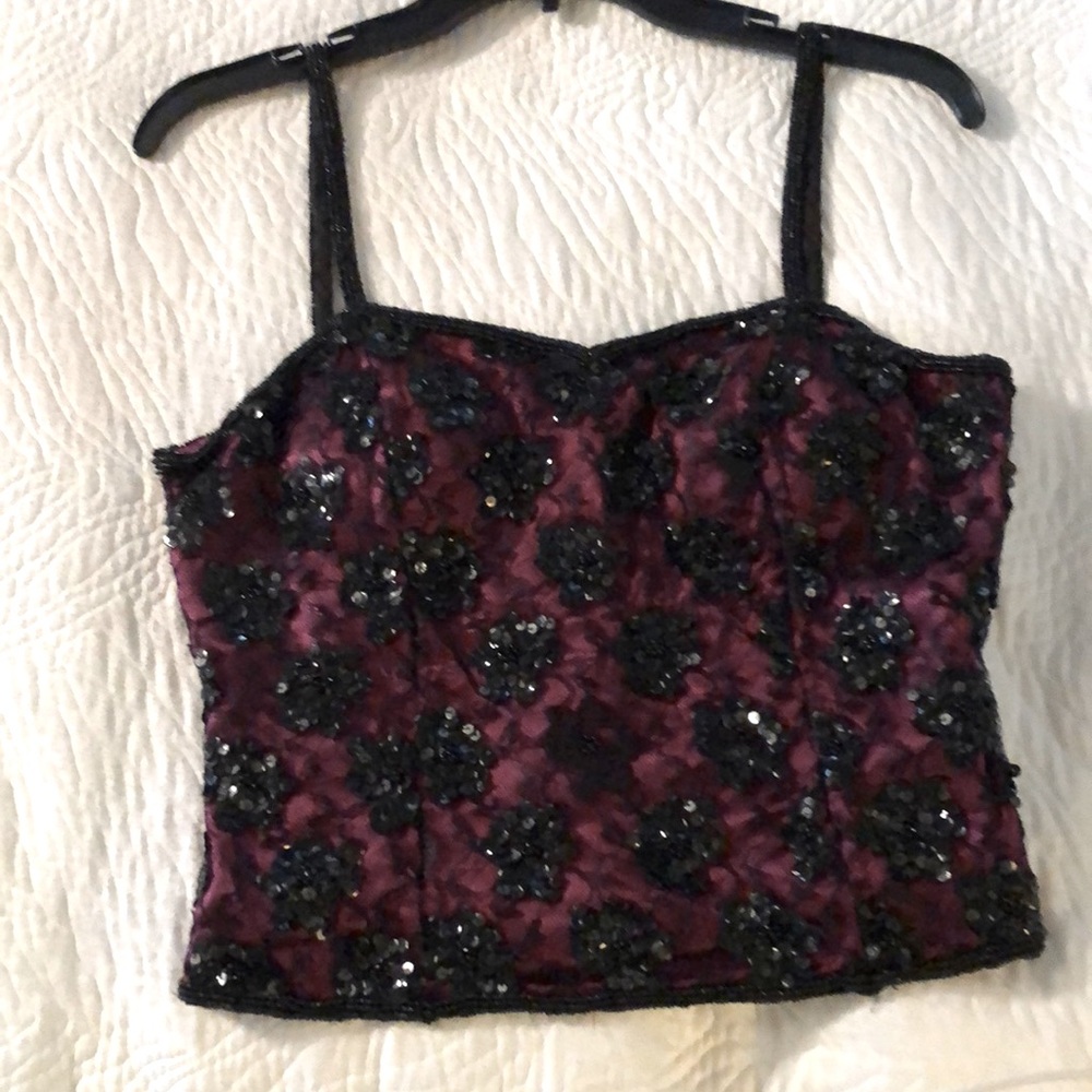 Beautiful black/burgundy sequin lace top
